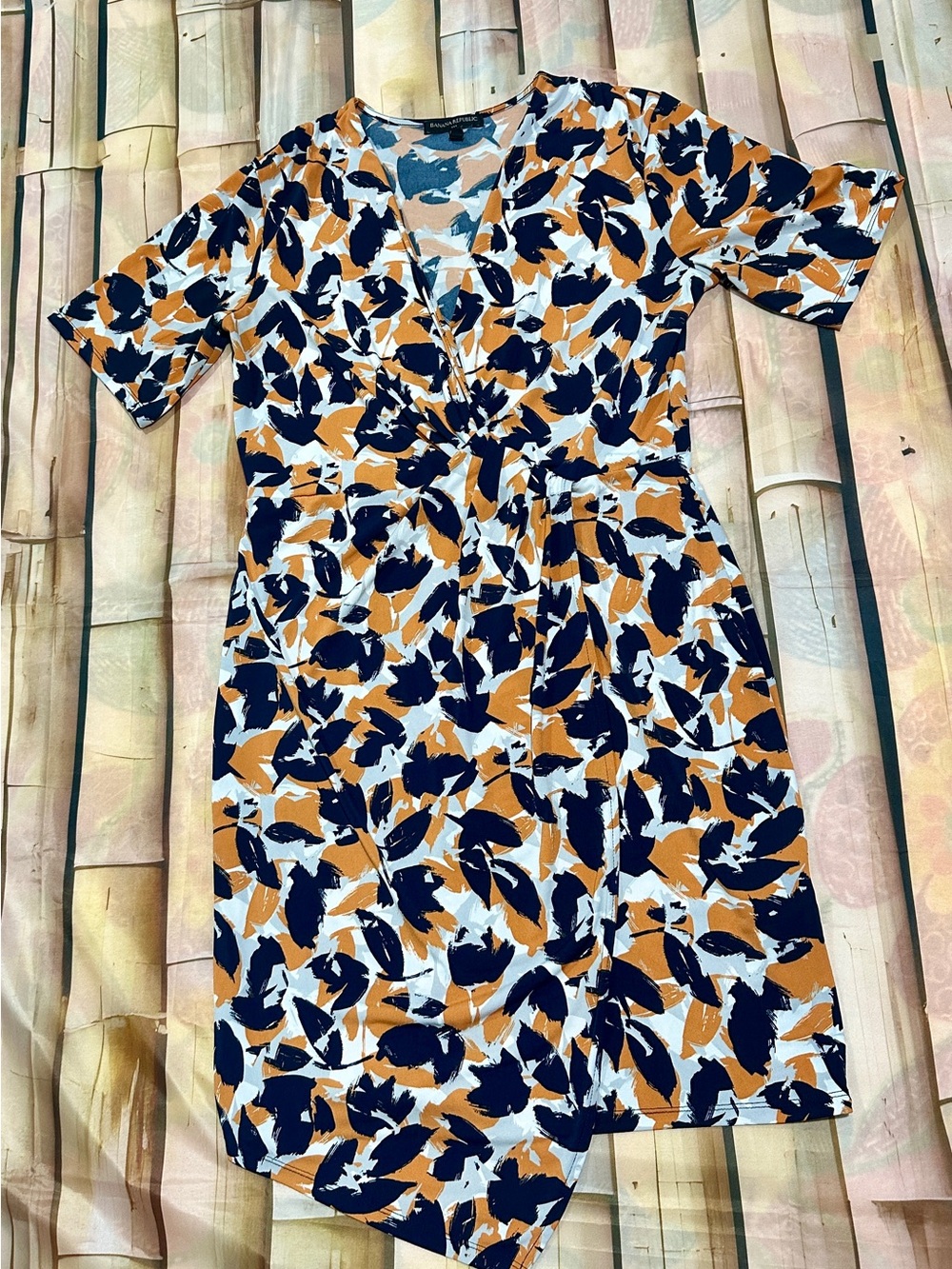 Banana Republic Abstract Floral Faux Wrap Dress Medium Blue Orange White